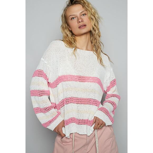 POL Striped Print Openwork Round Neck Relaxed Fit Knit Pullover Sweater | Ivory - Picture 5 of 6